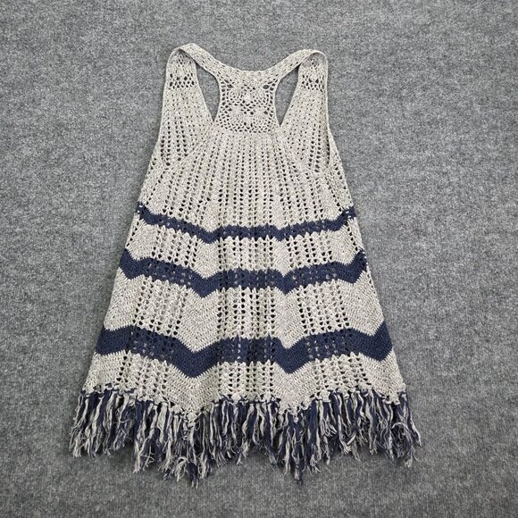 Free People Gray Blue Fringe Knit Silk Linen Blend Vest Womens Medium Button - Picture 2 of 10